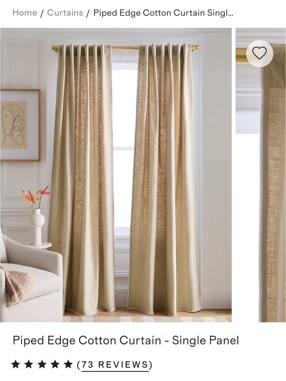 Quince Linen Piped Edge Cotton Curtain - Single Panel, 48x96 or 48x108 Natural